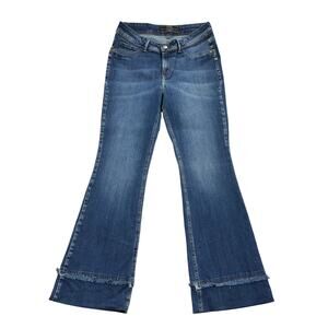 by Unna Flared Bell Bottom Jeans Blue Raw Hem Boho Y2K Aesthetic Stretch Size 8